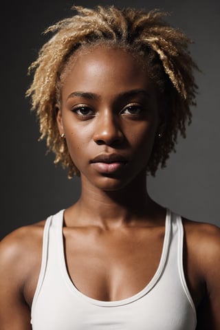 photo, rule of thirds, dramatic lighting, bleached_blond_african_american_hair, detailed face, detailed nose, black_woman_wearing_white_wife-beater_tank-top, calm, minimal white background, realism,realistic,raw,analog,black_woman,portrait,photorealistic,analog,realism