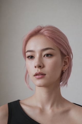 photo, seated in a swedish hotel room, dramatic lighting, shiny_detailed_hair, shoulder_length_pale_pink_hair, hair_color_matches_pantone_182, detailed face, detailed nose, japanese_woman_wearing_sleeveless_punk_tshirt, calm, minimal white background, realism,realistic,raw,analog,asian_woman,portrait,photorealistic,analog,realism