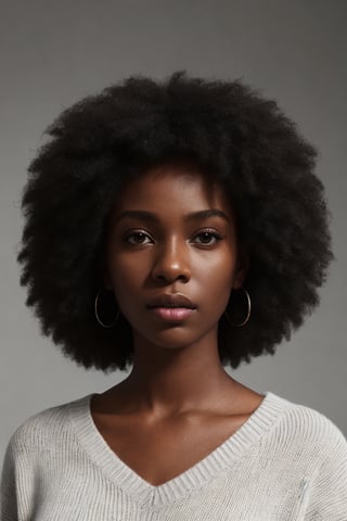 photo, rule of thirds, dramatic lighting, african_american_hair, detailed face, detailed nose, black_woman_wearing_v_neck_turquoise sweater, calm, minimal white background, realism,realistic,raw,analog,black_woman,portrait,photorealistic,analog,realism