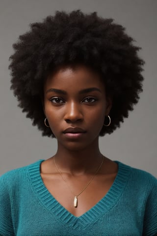 photo, rule of thirds, dramatic lighting, african_american_hair, detailed face, detailed nose, black_woman_wearing_v_neck_turquoise sweater, calm, minimal white background, realism,realistic,raw,analog,black_woman,portrait,photorealistic,analog,realism