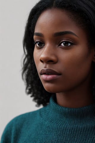 photo, rule of thirds, dramatic lighting, african_american_hair, detailed face, detailed nose, black_woman_wearing_v_neck_turquoise sweater, calm, minimal white background, realism,realistic,raw,analog,black_woman,portrait,photorealistic,analog,realism