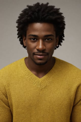 photo, rule of thirds, dramatic lighting, medium hair, detailed face, detailed nose, black_man_wearing_v_neck_yellow sweater, inviting  smile, minimal white background, realism,realistic,raw,analog,black_man,portrait,photorealistic,analog,realism