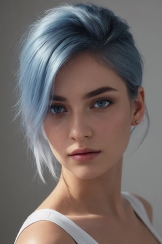 photo, centered, dramatic lighting, shiny_detailed_hair, shoulder, pale-light-blue_hair, hair_is_luxurious, detailed face, detailed nose, tiny_nose_ring_left_nostril, spanish_woman_wearing_sleeveless_punk_tshirt, calm, minimal white background, realism,realistic,raw,analog,asian_woman,portrait,photorealistic,analog,realism