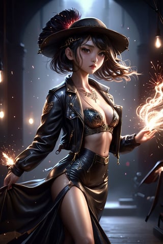 Alluring and hot female, Japanses girl,flirting, hat, leather jacket, sweet long skirt, sharp focus, studio photo, intricate details, highly detailed, sparks, octane render, 64k, photorealistic concept art, soft natural light, chiaroscuro, masterpiece,Cinematic lighting,art_booster,Bright lighting that clearly shows the face