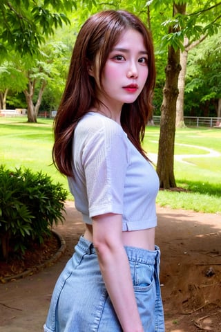 Masterpiece, an asian beautiful girl wearing a white blouse and dark miniskirt,  She is standing in the middle of the park, looking out into the woods in the distance, (from_side:1.2), (cowboy_shot), Soft Focus Lens, best quality, ambient lighting, photorealistic