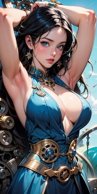 An enthusiastic girl with big blue eyes and short multicolored hair, Woman dressed as an alchemist in a steampunk world, surrounded by whimsical clockwork machines and magic potions, hands behind her head, armpitsFlower armor with gears and mechanical details, blending steampunk aesthetics with a touch of nature. Close-up shot with luminism and bokeh, highlighting the magic and alchemical elements in the scene. HDR of 1.4, intensifying the colors and textures of the steampunk and magical components. Cinematic pink and blue filter with a value of 0.85, infusing the image with enchanting and mysterious vibes. Ethereal background with fractal isometrics, creating a surreal and fantastical setting. Realistic yet fantastical details, bringing the alchemist's world to life., big_boobs, Perfect anatomy, the golden ratio (masterpiece, top quality, extreme),1 girl