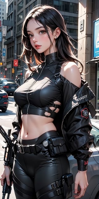 beautiful, realistic, masterpiece, HD, 1 girl, ((futuristic black tactical suit)), sexy, charming, seductive, special operation agent, crop top off shoulder, advanced gadgets, holding weapons, urban techwear