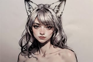 penSketch_style, ink sketch, 1girl, gray hair, sketch, tall, flat chest,neutral face, fox tail, Delicate skin tone