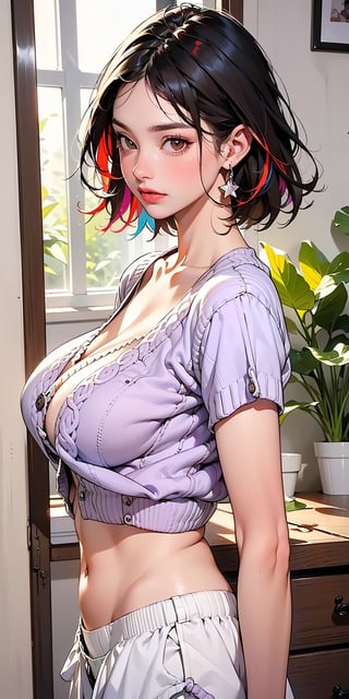  best quality,  (1lady, solo, lower body, front_view, facing_viewer :1.5), (black hair:1.4), (full color:1.5), hot body, (brown eyes: 1.5), (big breasts, braless: 1.5), Clothes: (cardigan, lilac calvin klein boyshorts: 1.5), Appearance: medium hair, natural makeup, long legs, cute, petite, Location: bedroom, Hobbies: workout, low_angle, frow_below, lewd, cameltoe, NSFW, startled,ffc selfie, best_friend, exposed
