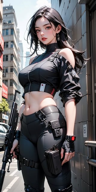 beautiful, realistic, masterpiece, HD, 1 girl, ((futuristic black tactical suit)), sexy, charming, seductive, special operation agent, crop top off shoulder, advanced gadgets, holding weapons, urban techwear
