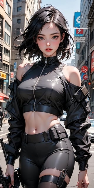 beautiful, realistic, masterpiece, HD, 1 girl, ((futuristic black tactical suit)), sexy, charming, seductive, special operation agent, crop top off shoulder, advanced gadgets, holding weapons, urban techwear