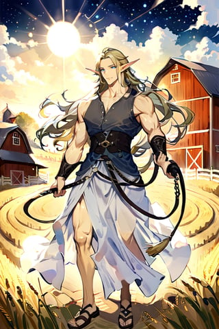 High detail, high quality, masterpiece, beautiful, dark, bright blue eyes, pale skin, pointed ears, elf ears, elf, high elf, hi-elf, (light blonde hair, long, wavy), (brown linen shirt, long shirt, fabric belt, thick belt, v neckline), skirt, sandals, gemini zodiac sign, zodiac, 1 young man, man, solo, tall, strong, muscular, thick, thick shoulders, thick neck, thick arms, big, holding a whip, byre background, horsehouse, barn, farm, horses, horse, hay, wheat