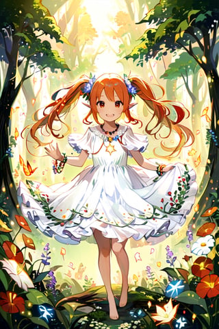 High detail, high quality, masterpiece, beautiful, dark, pointed ears, pale skin, white skin, red eye, green eye, (orange hair, long hair, twin tails), halfling, hobbit, (white dress, flared dress), floral necklace, barefoot, floral bracelet, 1 little girl, kid, girl, child, magic forest background, magical forest, forest, fairy forest, flowers, plants, spirits, spirit, great smile, cheerful gaze, smiling