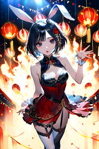 High detail, high quality, masterpiece, beautiful, dark, Asian eyes, rabbit ears, (short black hair, bob), (fitted, sleeveless, low-cut pink du dou tunic), (ruqun skirt with a side slit), traditional Chinese shoes, short, 1 young woman, silk stockings, small stature, very large bust, adorned with makeup, lined eyes, painted lips, blowing a kiss forward, standing on one leg, leaning forward, background of a Chinese circus, lights, fire, circus paraphernalia.