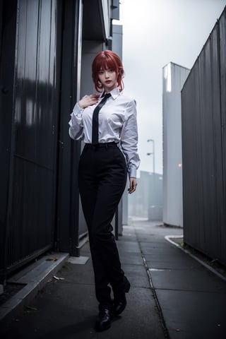 Cyberpunk girl in dystopian cyberpunk megapolis. Steam, neon, volumetric, (masterpiece,  top quality,  best quality,  official art,  beautiful and aesthetic:1.2),  (1girl:1.3),  heterochromia , photorealistic,red hair, shirt, tie, black trousers,Realism, full body