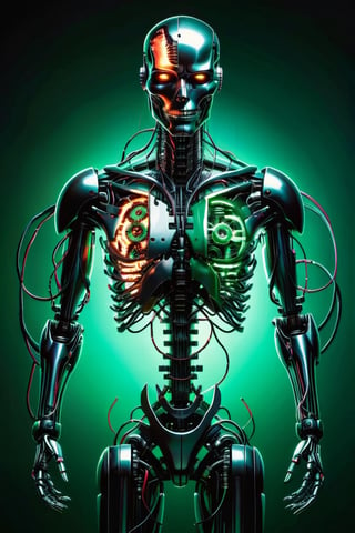 Robot, Black and green, Power core in center. Silcone fake human flesh, Face slice open showing robotic endoskeleton. Limbs seperated by wires and gears. Full body. Starting to glitch out,ral-glydch, Burning fake skin off like a Terminator,cyborg,science fiction