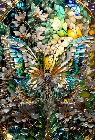 A beautiful crystal butterfly , hanging from its velvet thread, with colors of green, yellow and blue hues gleaming through from the sun rays.,glass art,more detail XL,BugCraft,Glass Elements