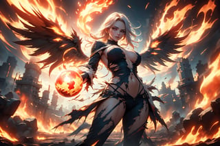high quality, high definition, 4k, masperpiece,a preaty woman atractive, preaty beautifull , massive hot, broken clothes, , magic, atractive, spell a sphere of energi in his hand, wings 
 with torn clothes broken clothes and massive hot hot middle shot, ,r1ge,Fire,