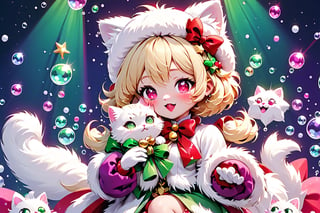 Blonde girl,short hair,ruby-like eyes,long red eyelashes,red lips, wearing a red snow hat with a white fur ball on the top,a purple starfish on the hat,white fur on the edge of the hat,and a red coat,coat with gold buttons,green skirt,green bow on the neck,green sneakers,gold laces, no gloves,singing in front of microphone,sleeping furry white cat audience,white cat wearing a pink bow on its head,surrounded by bubbles,shining point,concert,colorful stage lighting,no people,Tetris game background