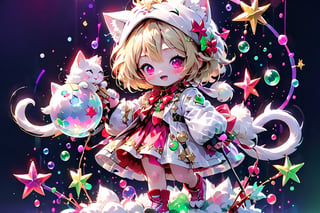 Blonde girls,playing electric guitar,short hair,red eyes,long red eyelashes,red lips,wearing a red snow hat with a white fur ball on the top,a purple starfish on the hat,white fur on the edge of the hat,and a red coat,coat with gold buttons,green skirt,green bow on the neck,green sneakers,gold laces, no gloves,singing in front of microphone,sleeping furry white cat audience,white cat wearing a pink bow on head,surrounded by bubbles,shining point,concert,colorful stage lighting,no people,Tetris game background,anime,glass