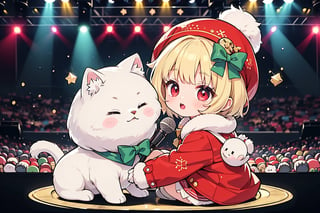 Blonde woman,singing,playing electric guitar,short hair,red eyes,long red eyelashes,red lips,wearing a red snow hat with a white fur ball on the top,a purple starfish on the hat,white fur on the edge of the hat,and a red coat,coat with gold buttons,green skirt,green bow on the neck,green sneakers,gold laces, no gloves,singing in front of microphone,sleeping furry white cat audience,white cat wearing a pink bow on head,surrounded by bubbles,shining point,concert,colorful stage lighting,no people,Tetris game background,anime