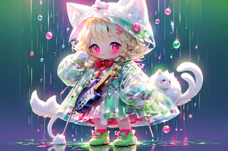 Blonde girls,playing electric guitar,short hair,red eyes,long red eyelashes,red lips,wearing a red snow hat with a white fur ball on the top,a purple starfish on the hat,white fur on the edge of the hat,and a red coat,coat with gold buttons,green skirt,green bow on the neck,green sneakers,gold laces, no gloves,singing in front of microphone,sleeping furry white cat audience,white cat wearing a pink bow on head,surrounded by bubbles,shining point,concert,colorful stage lighting,no people,Tetris game background