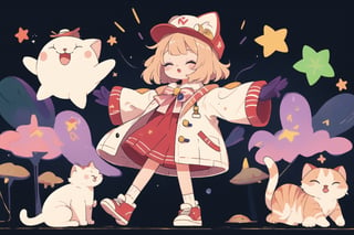 Blonde girl,short hair,ruby-like eyes,long red eyelashes,red lips, wearing a red snow hat with a white fur ball on the top,a purple starfish on the hat,white fur on the edge of the hat,and a red coat,coat with gold buttons,green skirt,green bow on the neck,green sneakers,gold laces, no gloves,singing in front of microphone,surrounded by sleeping furry white cat,white cat wearing a pink bow on its head,surrounded by bubbles,shining point,concert,colorful stage lighting,no people,Tetris game background