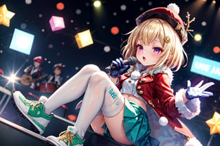 Blonde girl,short hair,ruby-like eyes,long red eyelashes,red lips, wearing a red snow hat with a white fur ball on the top,a purple starfish on the hat,white fur on the edge of the hat,and a red coat,coat with gold buttons,green skirt,green bow on the neck,green sneakers,gold laces, no gloves,singing in front of microphone,surrounded by sleeping furry white cat,white cat wearing a pink bow on its head,surrounded by bubbles,shining point,concert,colorful stage lighting,no people,Tetris game background