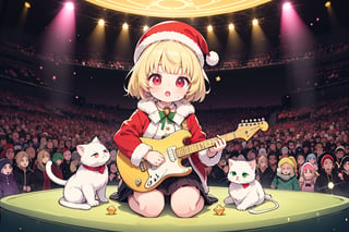 Blonde woman,singing,playing electric guitar,short hair,red eyes,long red eyelashes,red lips,wearing a red snow hat with a white fur ball on the top,a purple starfish on the hat,white fur on the edge of the hat,and a red coat,coat with gold buttons,green skirt,green bow on the neck,green sneakers,gold laces, no gloves,singing in front of microphone,sleeping furry white cat audience,white cat wearing a pink bow on head,surrounded by bubbles,shining point,concert,colorful stage lighting,no people,Tetris game background,anime