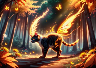 1civet cat walks to right in the forest,have wings,orange fire,flowing feathers, chrysanthemum butterfly,golden leaves,background light is evenly distributed,there is fire in the lower right corner of the screen,forest fire background,burning ground,fire everywhere,orange light butterflys everywhere