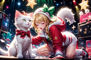 Blonde girl,singing,playing electric guitar,long hair,red eyes,long red eyelashes,red lips,wearing a red snow hat with a white fur ball on the top,a purple starfish on the hat,white fur on the edge of the hat,and a red coat,coat with gold buttons,green skirt,green bow on the neck,green sneakers,gold laces, no gloves,singing in front of microphone,sleeping furry white cat audience,white cat wearing a pink bow on head,surrounded by bubbles,shining point,concert,colorful stage lighting,no people,Tetris game background,anime