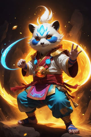 1Ninja tanuki,fighting,7 color Ninja outfit,7 color ancient alchemy God,holding cosmic ball,chanting,7 color shining ancient words everywhere,glowing mantra everywhere,luminous engraving everywhere,seal,strong style,sun king,sun halo,solo,special long white beard,long white eyebrows,gather lightning elixir in the palm of hand,king of glory,focused on  elixir,aim at pill,colorful skin,surrounded by flames,golden butterfly wings,emitting golden light,wearing golden bib short with no shoulder strap on left shoulder,no humans,flame,beam,fire alchemy furnace,thunder pill,crystal cave,crystal background,diamond,gem