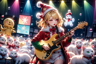 Blonde girl,singing,playing electric guitar,short hair,red eyes,long red eyelashes,red lips,wearing a red snow hat with a white fur ball on the top,a purple starfish on the hat,white fur on the edge of the hat,and a red coat,coat with gold buttons,green skirt,green bow on the neck,green sneakers,gold laces, no gloves,singing in front of microphone,sleeping furry white cat audience,white cat wearing a pink bow on head,surrounded by bubbles,shining point,concert,colorful stage lighting,no people,Tetris game background,anime