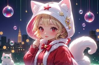 vtuber,Blonde girl,short hair,ruby-like eyes,red eyes,long red eyelashes,red lips, wearing a red snow hat with a white fur ball on the top,a purple starfish on the hat,white fur on the edge of the hat,and a red coat,coat with gold buttons,green skirt,green bow on the neck,green sneakers,gold laces,singing in front of microphone,holding a sleeping furry white cat,white cat wearing a pink bow on its head,surrounded by bubbles,shining point,concert,colorful stage lighting,no people,Tetris game background