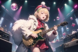 solo,Blonde woman,singing,playing electric guitar,short hair,red eyes,long red eyelashes,red lips,wearing a red snow hat with a white fur ball on the top,a purple starfish on the hat,white fur on the edge of the hat,and a red coat,coat with gold buttons,green skirt,green bow on the neck,green sneakers,gold laces, no gloves,singing in front of microphone,sleeping furry white cat audience,white cat wearing a pink bow on head,surrounded by bubbles,shining point,concert,colorful stage lighting,no people,Tetris game background