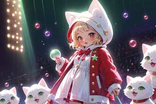 Blonde woman,singing,playing electric guitar,short hair,red eyes,long red eyelashes,red lips,wearing a red snow hat with a white fur ball on the top,a purple starfish on the hat,white fur on the edge of the hat,and a red coat,coat with gold buttons,green skirt,green bow on the neck,green sneakers,gold laces, no gloves,singing in front of microphone,sleeping furry white cat audience,white cat wearing a pink bow on head,surrounded by bubbles,shining point,concert,colorful stage lighting,no people,Tetris game background,anime