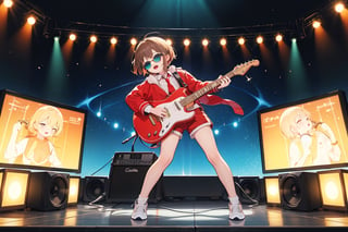 solo,1boy,closeup face,blue glowing aura,thick hair,orange hair,brown hair,gold frame sunglasses,red tie,red jacket,teal shorts,White shirt,a gold edge pocket on left side pants,white sneakers,right hand wearing a white square watch,white sneakers,singing in front of microphone,play electric guitar,universe background,cyan beam,fireflies,shining point,concert,colorful stage lighting,no people