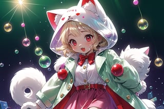 Blonde girl,singing,playing electric guitar,short hair,red eyes,long red eyelashes,red lips,wearing a red snow hat with a white fur ball on the top,a purple starfish on the hat,white fur on the edge of the hat,and a red coat,coat with gold buttons,green skirt,green bow on the neck,green sneakers,gold laces, no gloves,singing in front of microphone,sleeping furry white cat audience,white cat wearing a pink bow on head,surrounded by bubbles,shining point,concert,colorful stage lighting,no people,Tetris game background,anime