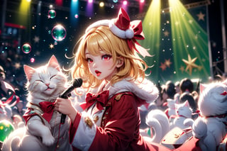 Blonde girl,singing,playing electric guitar,short hair,red eyes,long red eyelashes,red lips,wearing a red snow hat with a white fur ball on the top,a purple starfish on the hat,white fur on the edge of the hat,and a red coat,coat with gold buttons,green skirt,green bow on the neck,green sneakers,gold laces, no gloves,singing in front of microphone,sleeping furry white cat audience,white cat wearing a pink bow on head,surrounded by bubbles,shining point,concert,colorful stage lighting,no people,Tetris game background,anime