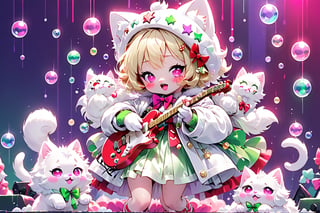 Blonde girls,playing electric guitar,short hair,red eyes,long red eyelashes,red lips,wearing a red snow hat with a white fur ball on the top,a purple starfish on the hat,white fur on the edge of the hat,and a red coat,coat with gold buttons,green skirt,green bow on the neck,green sneakers,gold laces, no gloves,singing in front of microphone,sleeping furry white cat audience,white cat wearing a pink bow on head,surrounded by bubbles,shining point,concert,colorful stage lighting,no people,Tetris game background,anime,naked bandage