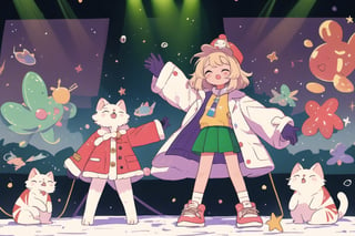 Blonde girl,short hair,ruby-like eyes,long red eyelashes,red lips, wearing a red snow hat with a white fur ball on the top,a purple starfish on the hat,white fur on the edge of the hat,and a red coat,coat with gold buttons,green skirt,green bow on the neck,green sneakers,gold laces, no gloves,singing in front of microphone,surrounded by sleeping furry white cat,white cat wearing a pink bow on its head,surrounded by bubbles,shining point,concert,colorful stage lighting,no people,Tetris game background