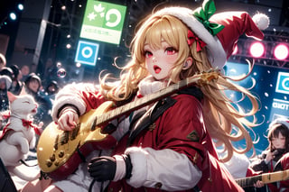 Blonde girl,singing,playing electric guitar,long hair,red eyes,long red eyelashes,red lips,wearing a red snow hat with a white fur ball on the top,a purple starfish on the hat,white fur on the edge of the hat,and a red coat,coat with gold buttons,green skirt,green bow on the neck,green sneakers,gold laces, no gloves,singing in front of microphone,sleeping furry white cat audience,white cat wearing a pink bow on head,surrounded by bubbles,shining point,concert,colorful stage lighting,no people,Tetris game background,anime