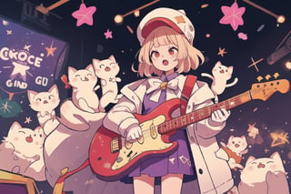 solo,Blonde woman,singing,playing electric guitar,short hair,red eyes,long red eyelashes,red lips,wearing a red snow hat with a white fur ball on the top,a purple starfish on the hat,white fur on the edge of the hat,and a red coat,coat with gold buttons,green skirt,green bow on the neck,green sneakers,gold laces, no gloves,singing in front of microphone,sleeping furry white cat audience,white cat wearing a pink bow on head,surrounded by bubbles,shining point,concert,colorful stage lighting,no people,Tetris game background