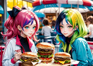 cute girlmix,enjoy hamburger,colorful hair