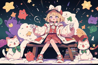 Blonde girl,short hair,ruby-like eyes,long red eyelashes,red lips, wearing a red snow hat with a white fur ball on the top,a purple starfish on the hat,white fur on the edge of the hat,and a red coat,coat with gold buttons,green skirt,green bow on the neck,green sneakers,gold laces, no gloves,singing in front of microphone,surrounded by sleeping furry white cat,white cat wearing a pink bow on its head,surrounded by bubbles,shining point,concert,colorful stage lighting,no people,Tetris game background