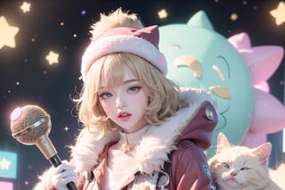 Blonde girl,short hair,ruby-like eyes,long red eyelashes,red lips, wearing a red snow hat with a white fur ball on the top,a purple starfish on the hat,white fur on the edge of the hat,and a red coat,coat with gold buttons,green skirt,green bow on the neck,green sneakers,gold laces, no gloves,singing in front of microphone,surrounded by sleeping furry white cat,white cat wearing a pink bow on its head,surrounded by bubbles,shining point,concert,colorful stage lighting,no people,Tetris game background