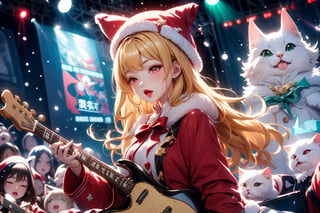 Blonde girl,singing,playing electric guitar,long hair,red eyes,long red eyelashes,red lips,wearing a red snow hat with a white fur ball on the top,a purple starfish on the hat,white fur on the edge of the hat,and a red coat,coat with gold buttons,green skirt,green bow on the neck,green sneakers,gold laces, no gloves,singing in front of microphone,sleeping furry white cat audience,white cat wearing a pink bow on head,surrounded by bubbles,shining point,concert,colorful stage lighting,no people,Tetris game background,anime