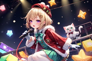 Blonde girl,short hair,ruby-like eyes,long red eyelashes,red lips, wearing a red snow hat with a white fur ball on the top,a purple starfish on the hat,white fur on the edge of the hat,and a red coat,coat with gold buttons,green skirt,green bow on the neck,green sneakers,gold laces, no gloves,singing in front of microphone,surrounded by sleeping furry white cat,white cat wearing a pink bow on its head,surrounded by bubbles,shining point,concert,colorful stage lighting,no people,Tetris game background