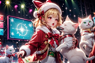 Blonde girl,singing,playing electric guitar,short hair,red eyes,long red eyelashes,red lips,wearing a red snow hat with a white fur ball on the top,a purple starfish on the hat,white fur on the edge of the hat,and a red coat,coat with gold buttons,green skirt,green bow on the neck,green sneakers,gold laces, no gloves,singing in front of microphone,sleeping furry white cat audience,white cat wearing a pink bow on head,surrounded by bubbles,shining point,concert,colorful stage lighting,no people,Tetris game background,anime