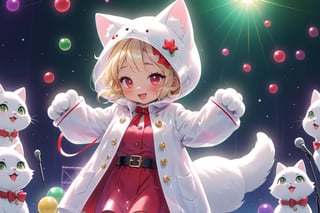 Blonde girl,singing,playing electric guitar,short hair,red eyes,long red eyelashes,red lips,wearing a red snow hat with a white fur ball on the top,a purple starfish on the hat,white fur on the edge of the hat,and a red coat,coat with gold buttons,green skirt,green bow on the neck,green sneakers,gold laces, no gloves,singing in front of microphone,sleeping furry white cat audience,white cat wearing a pink bow on head,surrounded by bubbles,shining point,concert,colorful stage lighting,no people,Tetris game background,anime